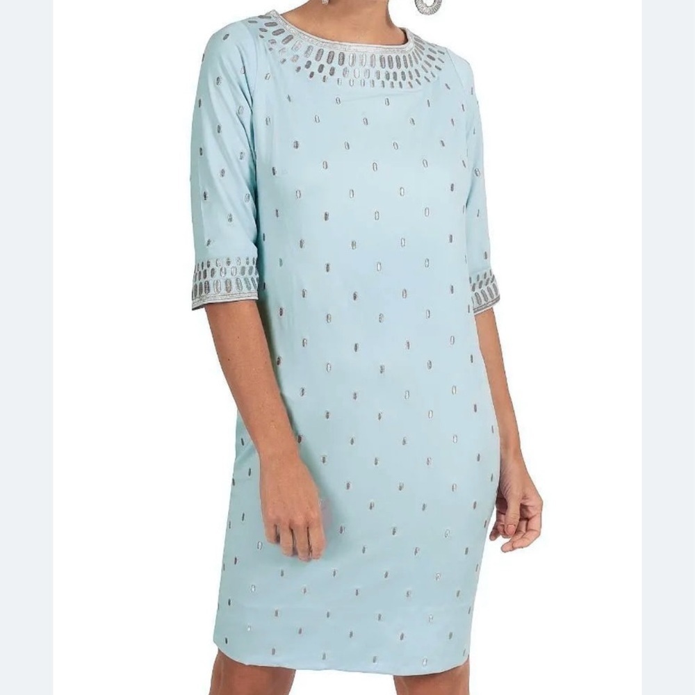 GRETCHEN SCOTT Rocket Girl Jersey Embroidered Dress Pale Blue & Silver XS NWT